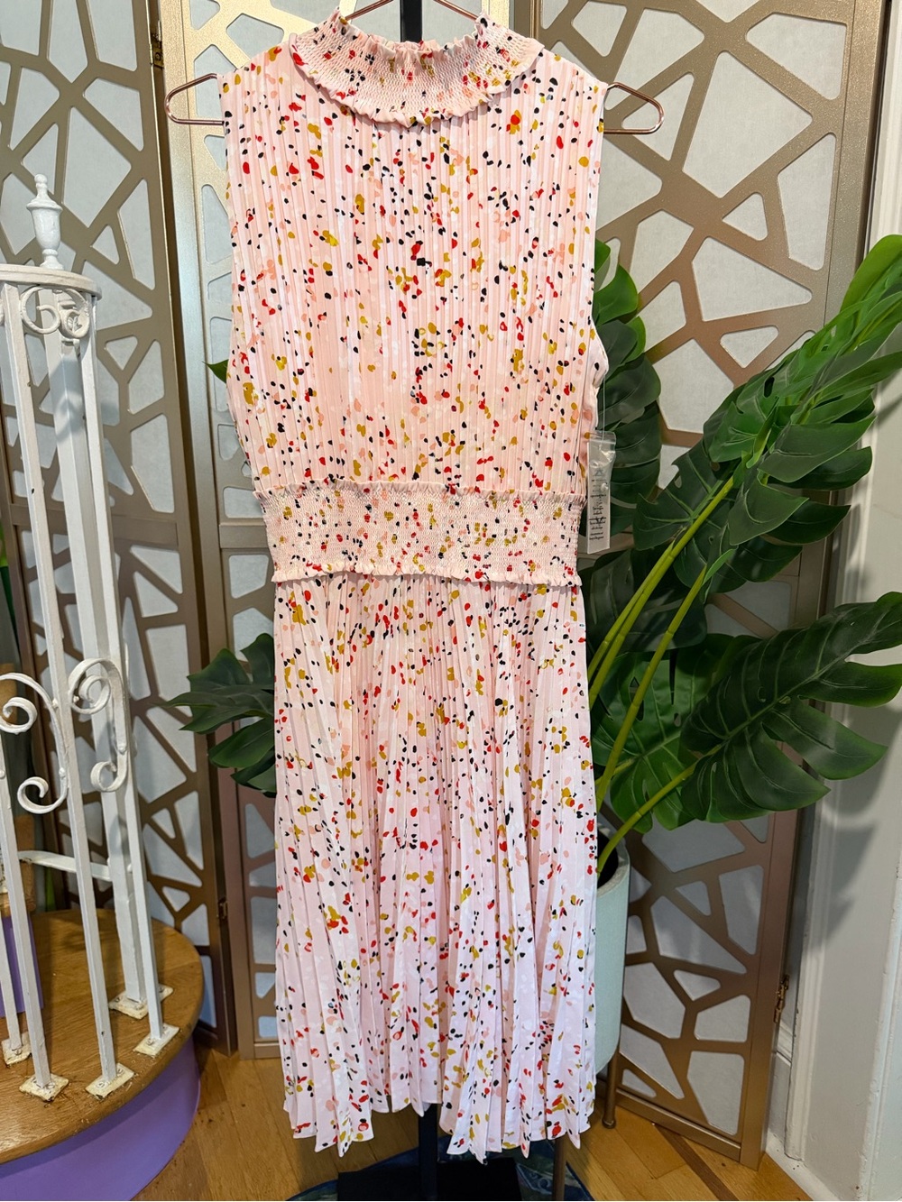 Nanette Lepore Pink Pleated Midi Dress with Multi-Color Confetti Print